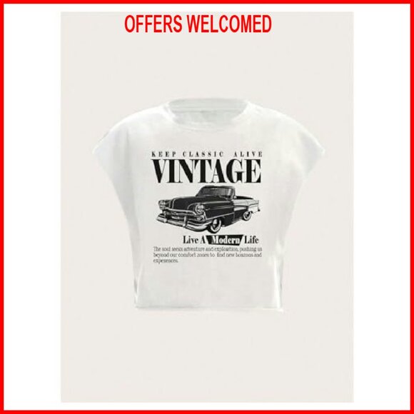 Plus Size Crop Tee Vintage Car Graphic Short Sleeve Crew Neck Casual - Picture 5 of 5